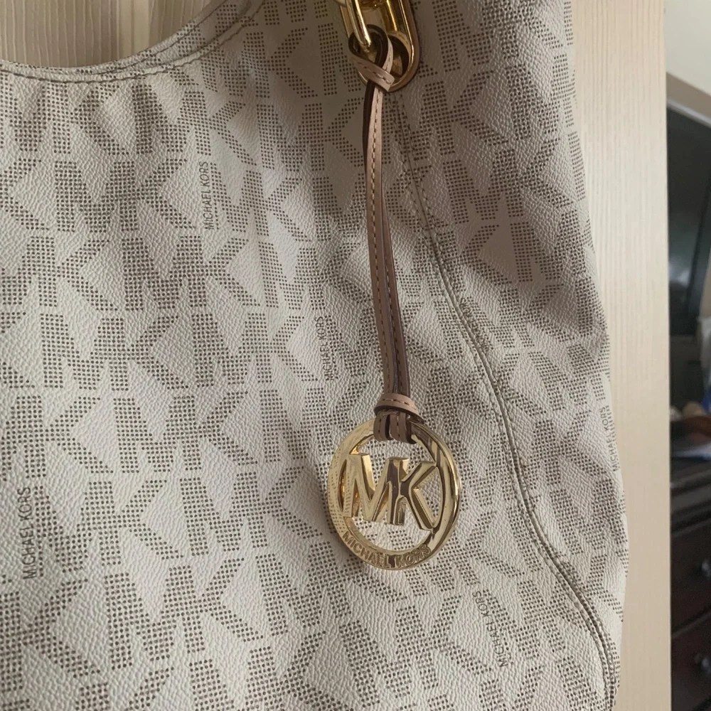 Michael Kors Beige Logo Leather Shoulder Handbag